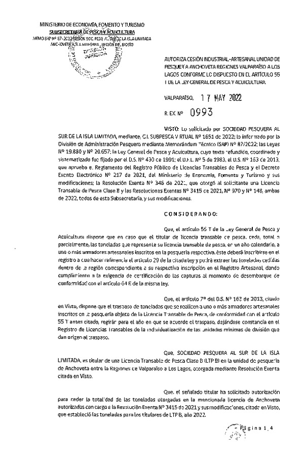 Res. Ex. N° 993-2022, Autoriza Cesión unidad de pesquería Anchoveta y Sardina común, Regiones Valparaíso a Los Lagos. (Publicado en Página Web 17-05-2022)