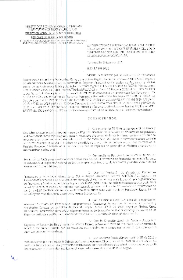 Res. Ex. N° 046-2022 (DZP Ñuble y del Biobío) Autoriza cesión Sardina común y Anchoveta. (Publicado en Página Web 17-05-2022)