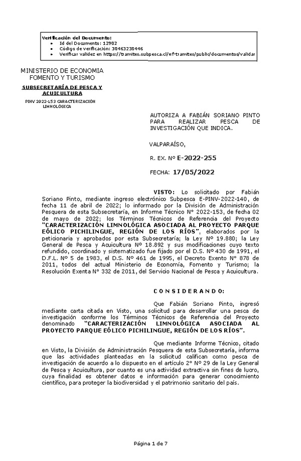 R. EX. Nº E-2022-255 CARACTERIZACIÓN LIMNOLÓGICA ASOCIADA AL PROYECTO PARQUE EÓLICO PICHILINGUE, REGIÓN DE LOS RÍOS. (Publicado en Página Web 18-05-2022)