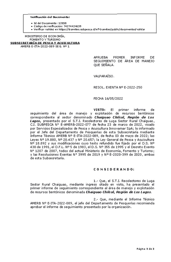 RESOL. EXENTA Nº E-2022-250 Aprueba 1° seguimiento. (Publicado en Página Web 18-05-2022)