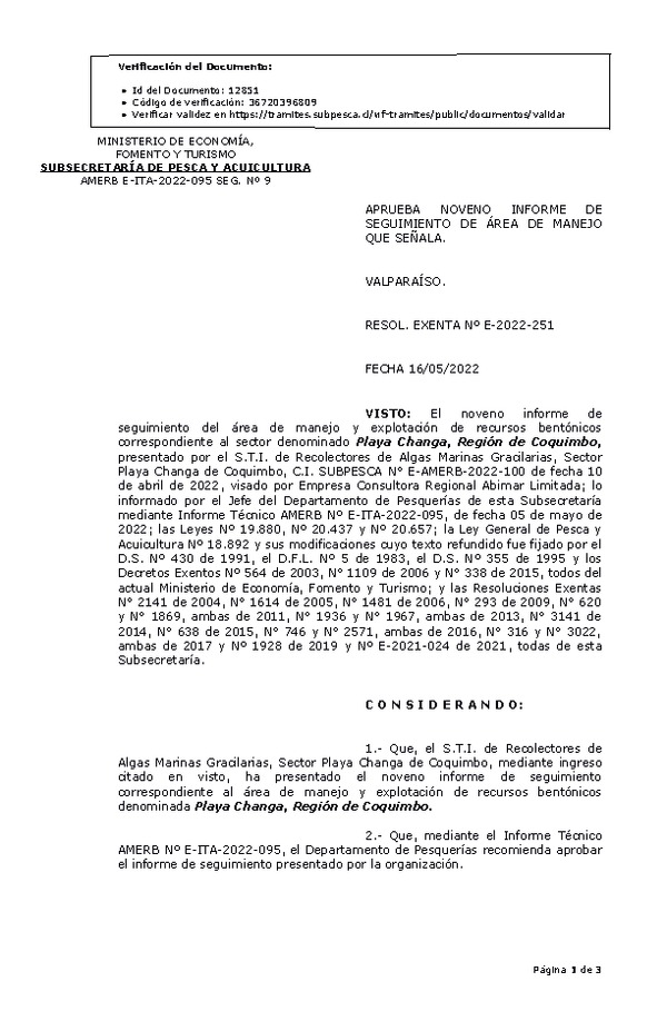 RESOL. EXENTA Nº E-2022-251 Aprueba 9° seguimiento. (Publicado en Página Web 18-05-2022)