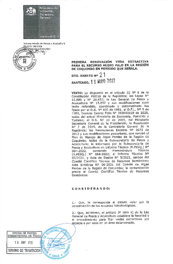 Dec. Ex. N° 21-2022 Primera Renovación Veda Extractiva Para el Recursos Huiro Palo, en la Región de Coquimbo, en Periodo que Señala. (Publicado en Página Web 19-05-2022)