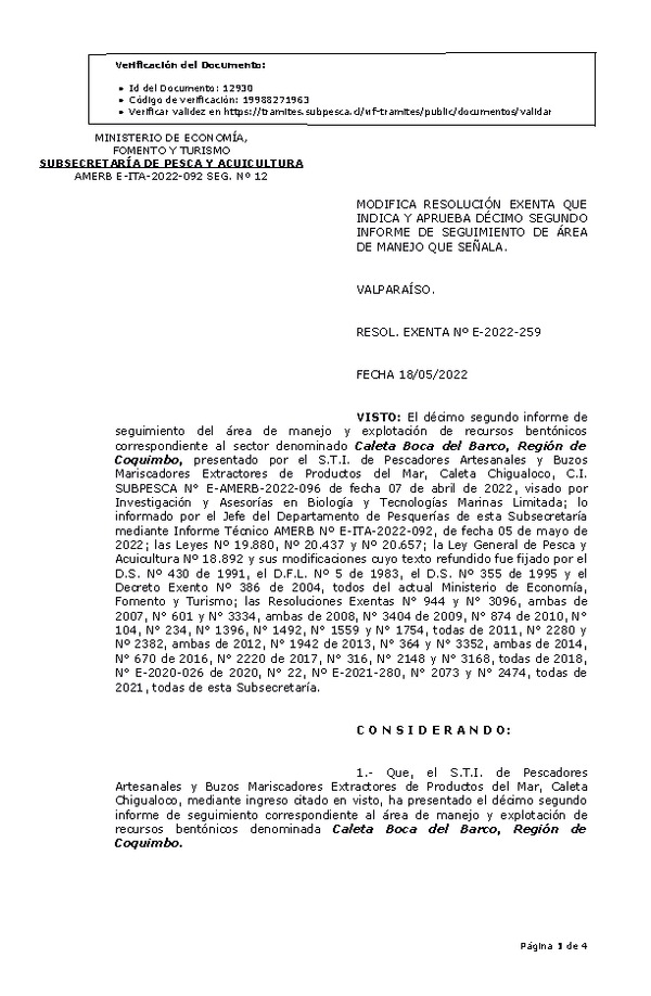 RESOL. EXENTA Nº E-2022-259 Modifica resolución que indica, Aprueba 12° seguimiento . (Publicado en Página Web 19-05-2022)