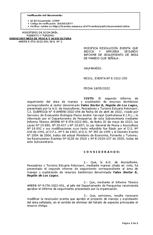 RESOL. EXENTA Nº E-2022-258 Modifica resolución que indica, Aprueba 2° seguimiento . (Publicado en Página Web 19-05-2022)