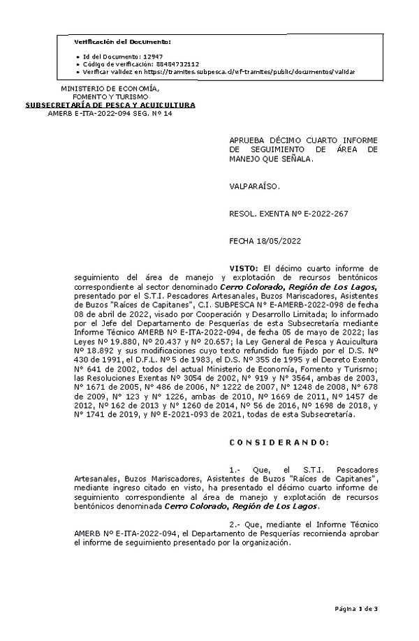 RESOL. EXENTA Nº E-2022-267 Aprueba 14° seguimiento . (Publicado en Página Web 19-05-2022)