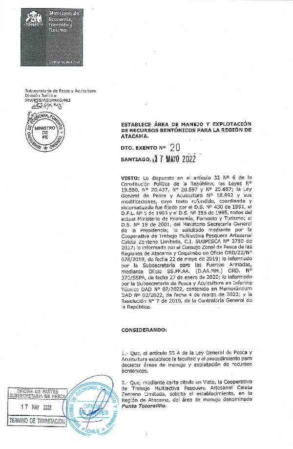 Dec. Ex. N° 20-2022 Establece Área de Manejo Punta Totoralillo, Región de Atacama. (Publicado en Página Web 19-05-2022)
