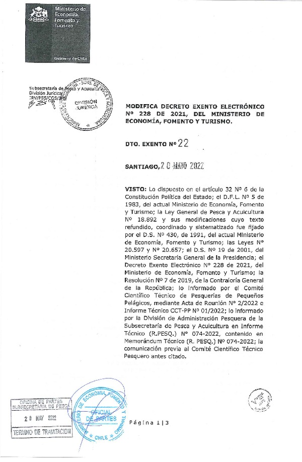 Dec. Ex. N° 22-2022 Modifica Dec. Ex. Folio 202100228 Establece Cuota de Captura de Unidades de Pesquería de Anchoveta y Sardina Española Zona Norte Sometidas a Licencias Transables de Pesca, Año 2022. (Publicado en Página Web 23-05-2022)