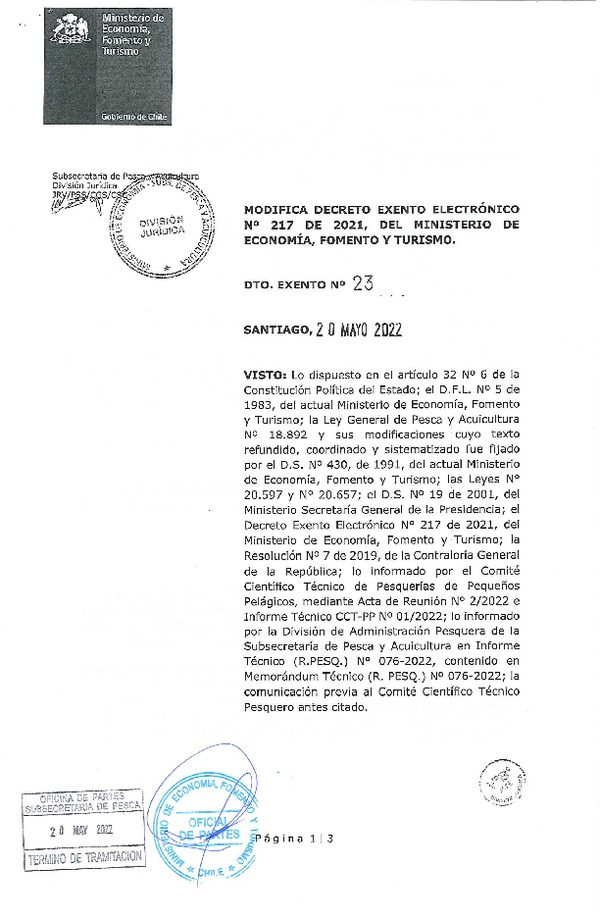 Dec. Ex. N° 23-2022 Modifica Dec. Ex. Folio N° 202100217 Establece Cuotas Anuales de Captura de Pesquería de Anchoveta y Sardina Común, Valparaíso - Los Lagos Sometidas a Licencias Transables de Pesca, Año 2022. (Publicado en Página Web 23-05-2022)