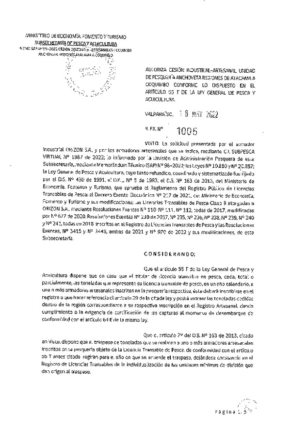 Res. Ex. N° 1005-2022, Autoriza Cesión unidad de pesquería Anchoveta, Regiones de Atacama a Coquimbo. (Publicado en Página Web 23-05-2022)