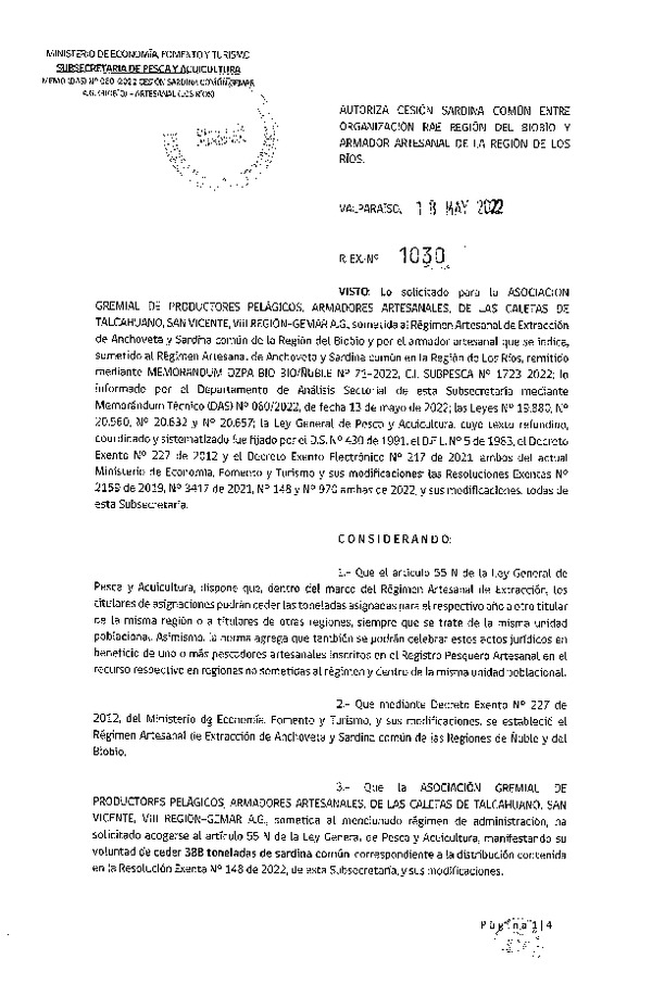 Res. Ex. N° 1030-2022 Autoriza Cesión de sardina común, Regiones del Biobío a Región de Los Ríos. (Publicado en Página Web 23-05-2022)