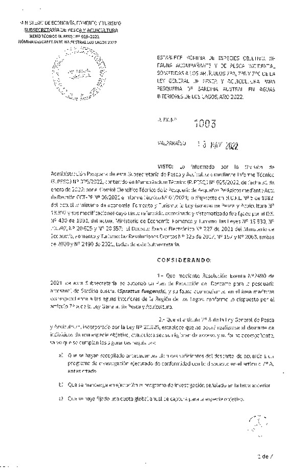 Res. Ex. N° 1003-2022 Establece Nómina de Especies Objetivo, de Fauna Acompañante y de Pesca Incidental Sometidas a los Artículos 7°A, 7°B y 7°C de la LGPA para Unidades de Pesquería Sardina Austral, Año 2022. (Publicado en Página Web 23-05-2022)