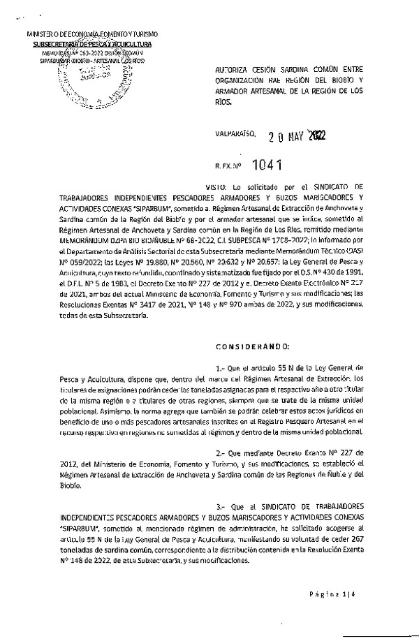 Res. Ex. N° 1041-2022 Autoriza Cesión de sardina común, Regiones del Biobío a Región de Los Ríos. (Publicado en Página Web 23-05-2022)