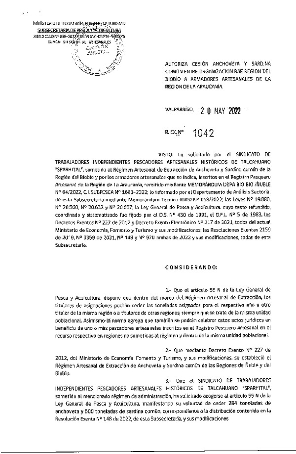 Res. Ex. N° 1042-2022 Autoriza Cesión de sardina común, Regiones del Biobío a Región de La Araucanía. (Publicado en Página Web 23-05-2022)