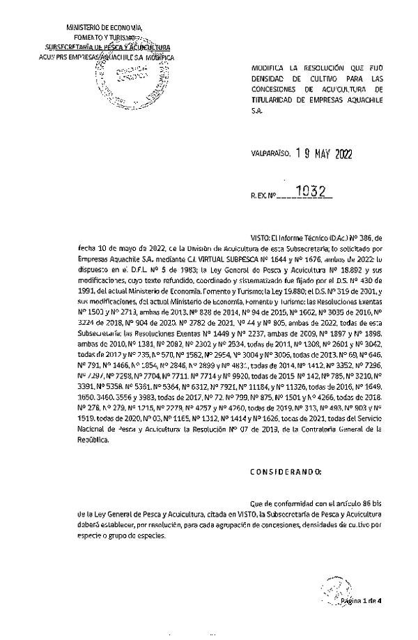 Res. Ex. N° 1032-2022 Modifica Res. Ex. N° 0044-2022 Fija densidad de cultivo para las concesiones de acuicultura de titularidad de Empresas Aquachile S.A. (Con Informe Técnico) (Publicado en Página Web 23-05-2022).