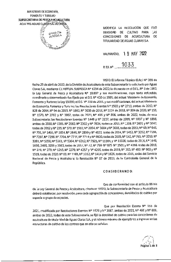 Res. Ex. N° 1033-2022  Modifica Res. Ex. 155-2021 Fija densidad de cultivo para concesiones de acuicultura de titularidad de Aguas Claras S.A. (Con Informe Técnico) (Publicado en Página Web 23-05-2022)