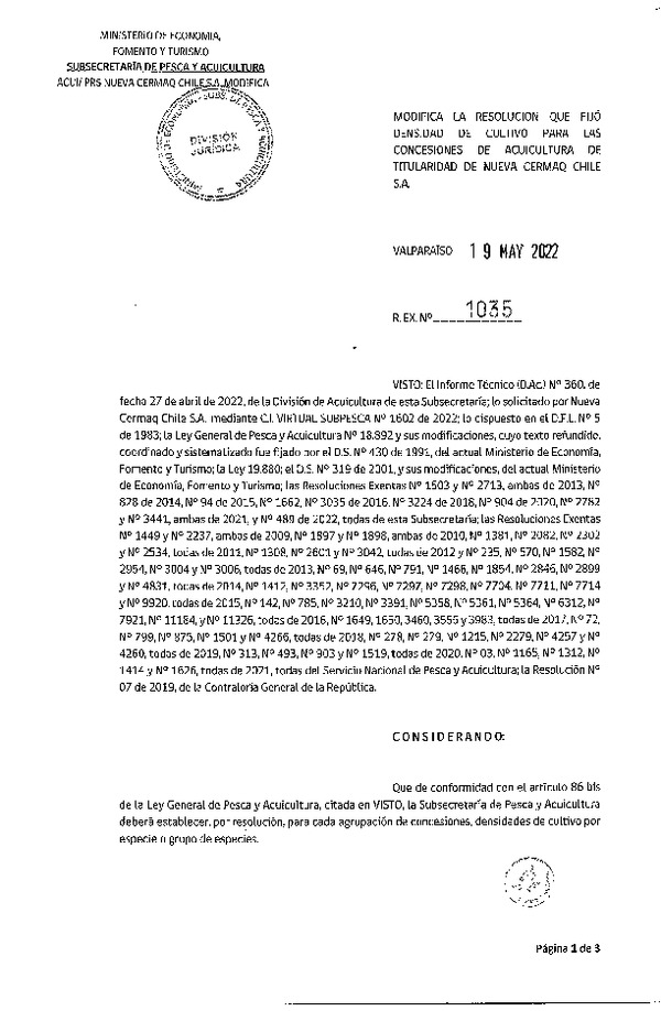 Res. Ex. N° 1035-2022 Modifica Res. Ex. N° 3441-2021 Fija densidad de cultivo para las concesiones de acuicultura de titularidad de Nueva Cermaq Chile S.A. (Con Informe Técnico) (Publicado en Página Web 23-05-2022).