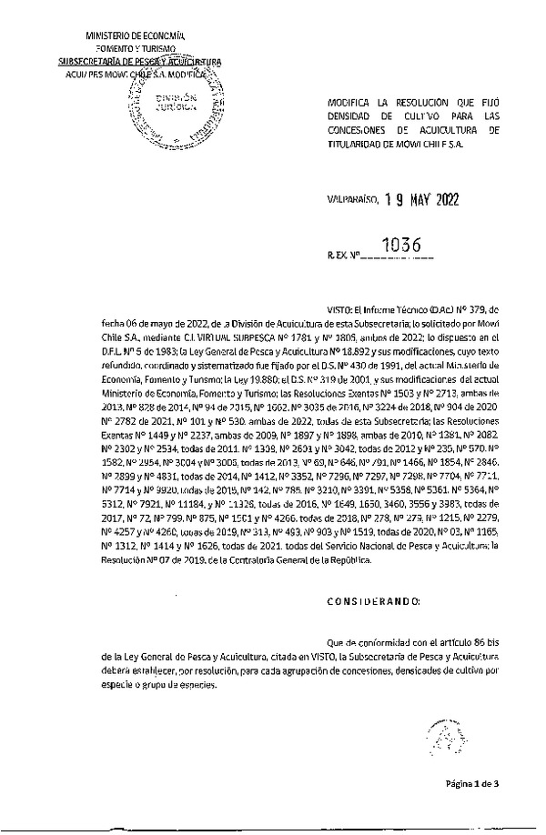 Res. Ex. N° 1036-2022 Modifica Res. Ex. N° 101-2022 Fija densidad de cultivo para las concesiones de titularidad de Mowi Chile S.A. (Publicado en Página Web 23-05-2022)