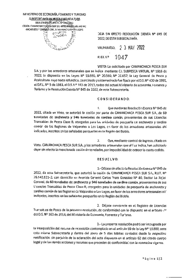 Res. Ex. N° 1047-2022 deja sin efecto Res. Ex. N° 845-2022. (Publicado en Página Web 24-05-2022)