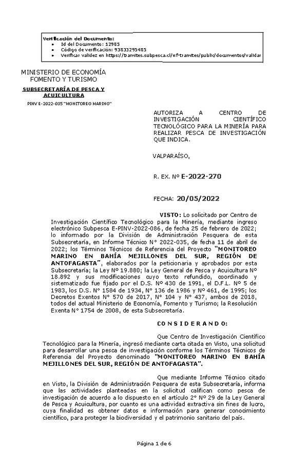 R. EX. Nº E-2022-270 MONITOREO MARINO EN BAHÍA MEJILLONES DEL SUR, REGIÓN DE ANTOFAGASTA. (Publicado en Página Web 24-05-2022)