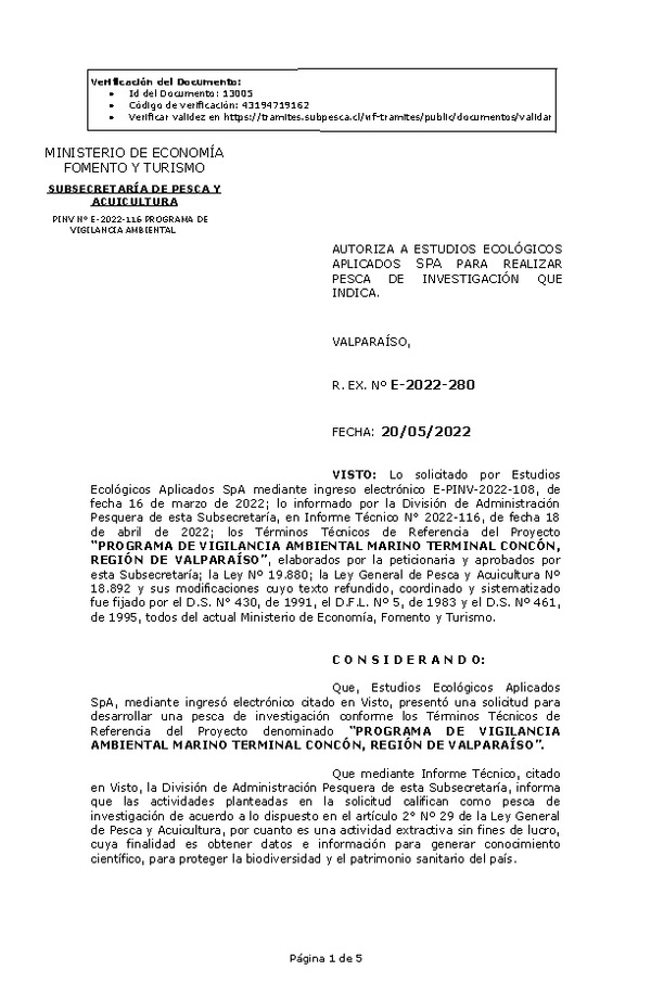 R. EX. Nº E-2022-280 PROGRAMA DE VIGILANCIA AMBIENTAL MARINO TERMINAL CONCÓN, REGIÓN DE VALPARAÍSO. (Publicado en Página Web 24-05-2022)