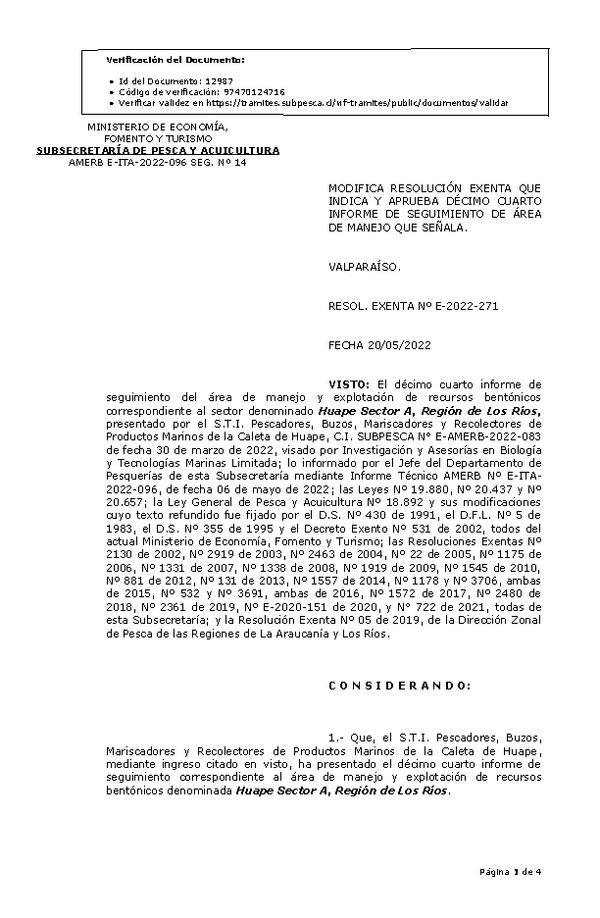 RESOL. EXENTA Nº E-2022-271 Modifica Resolución que Indica. Aprueba 14° Seguimiento. (Publicado en Página Web 24-05-2022)