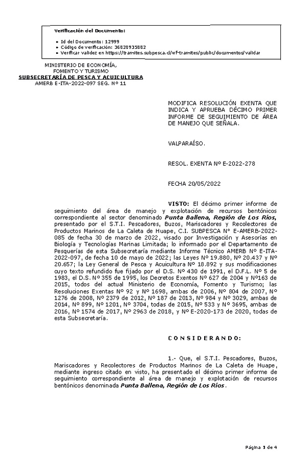 RESOL. EXENTA Nº E-2022-278 Modifica Resolución que Indica. Aprueba 11° Seguimiento. (Publicado en Página Web 24-05-2022)