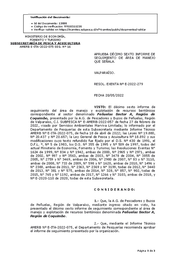 RESOL. EXENTA Nº E-2022-279 Aprueba 17° Seguimiento. (Publicado en Página Web 24-05-2022)
