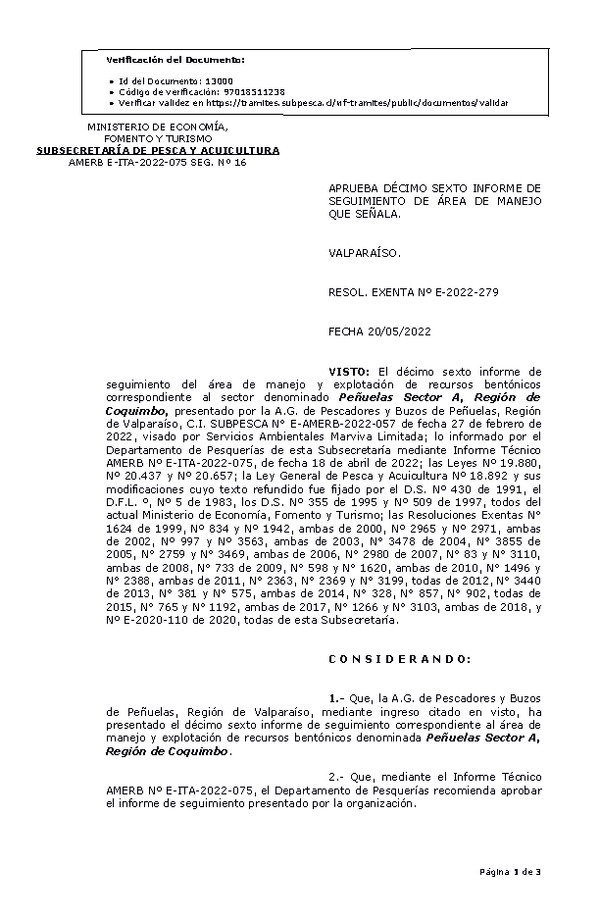 RESOL. EXENTA Nº E-2022-279 Aprueba 17° Seguimiento. (Publicado en Página Web 24-05-2022)