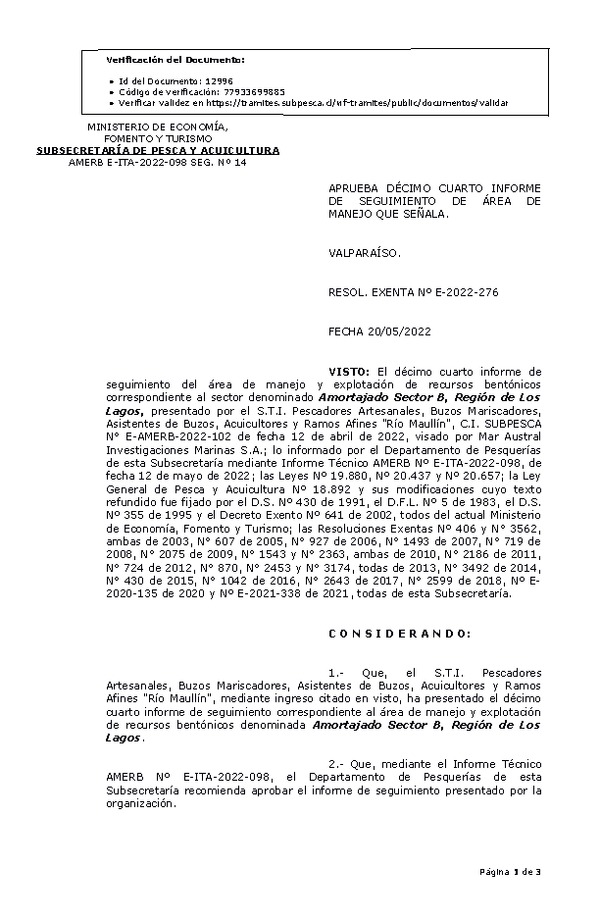 RESOL. EXENTA Nº E-2022-276 Aprueba 14° Seguimiento. (Publicado en Página Web 24-05-2022)