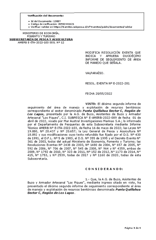 RESOL. EXENTA Nº E-2022-281 Modifica resolución que indica, Aprueba 12° Seguimiento. (Publicado en Página Web 24-05-2022)