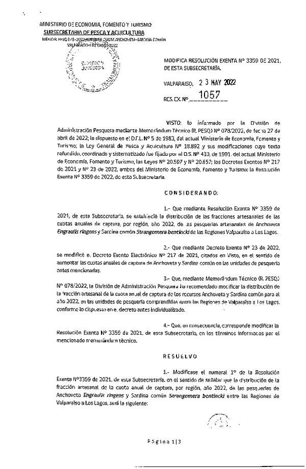 Res. Ex. N° 1057-2022 Modifica Res. Ex. N° 3359-2021 Establece Distribución de las Fracciones Artesanales de Anchoveta y Sardina Común, Regiones de Valparaíso a Los Lagos, por Región, Año 2022. (Publicado en Página Web 24-05-2022)