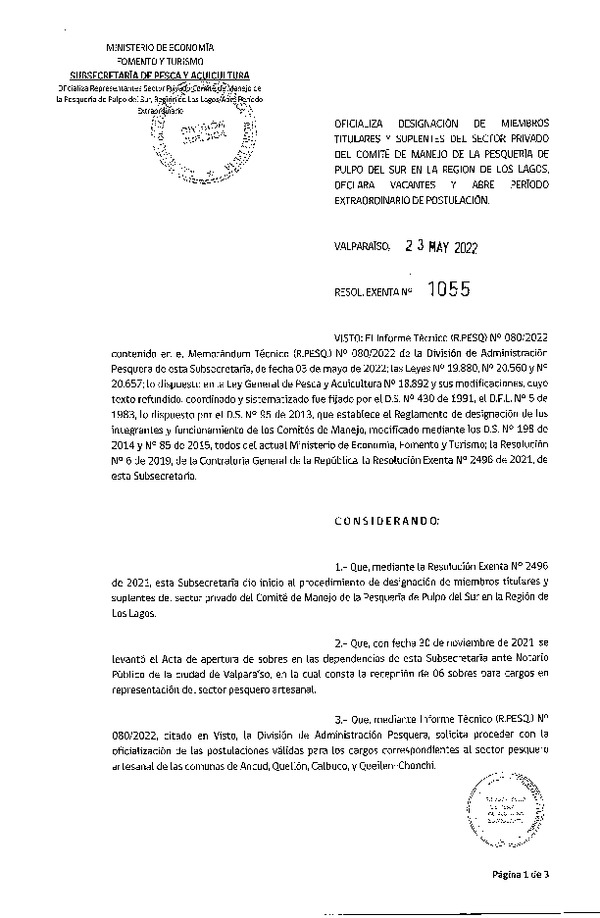 Res. Ex. N° 1055-2022 Oficializa Designación de Miembros Titulares y Suplentes del Sector Privado del Comité de Manejo de la Pesquería de Pulpo del Sur, Región de Los Lagos, Declara Vacantes y Abre Período Extraordinario de Postulación. (Publicado en Página Web 24-05-2022)