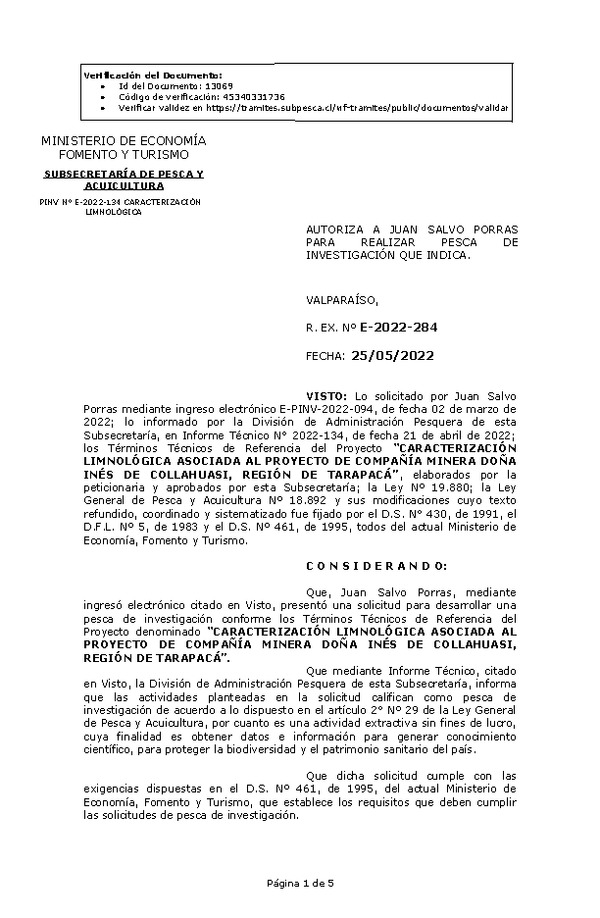 R. EX. Nº E-2022-284 CARACTERIZACIÓN LIMNOLÓGICA ASOCIADA AL PROYECTO DE COMPAÑÍA MINERA DOÑA INÉS DE COLLAHUASI, REGIÓN DE TARAPACÁ. (Publicado en Página Web 25-05-2022)