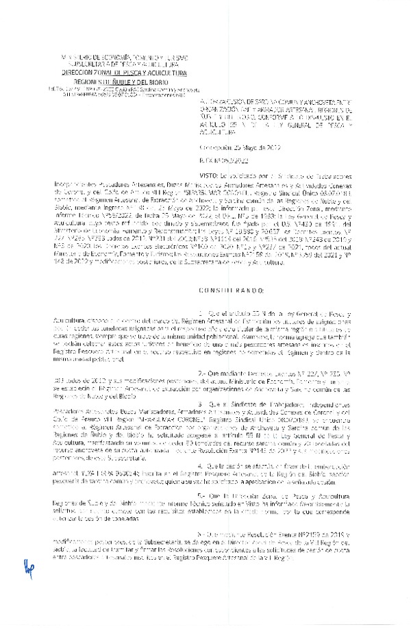 Res. Ex. N° 052-2022 (DZP Ñuble y del Biobío) Autoriza cesión Sardina común y Anchoveta. (Publicado en Página Web 25-05-2022)