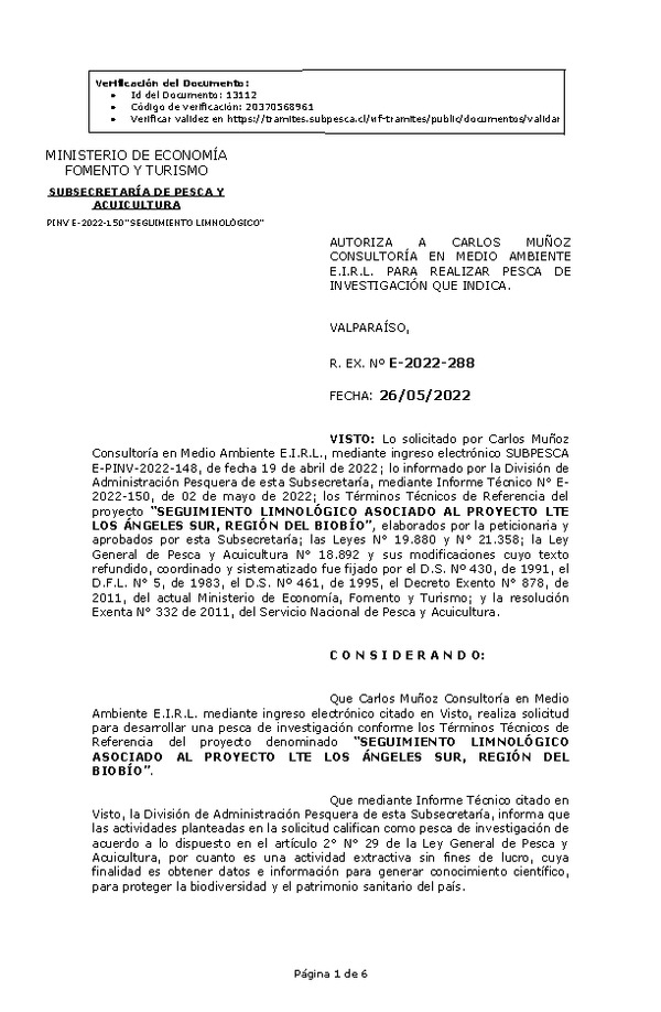 R. EX. Nº E-2022-288 SEGUIMIENTO LIMNOLÓGICO ASOCIADO AL PROYECTO LTE LOS ÁNGELES SUR, REGIÓN DEL BIOBÍO. (Publicado en Página Web 26-05-2022)