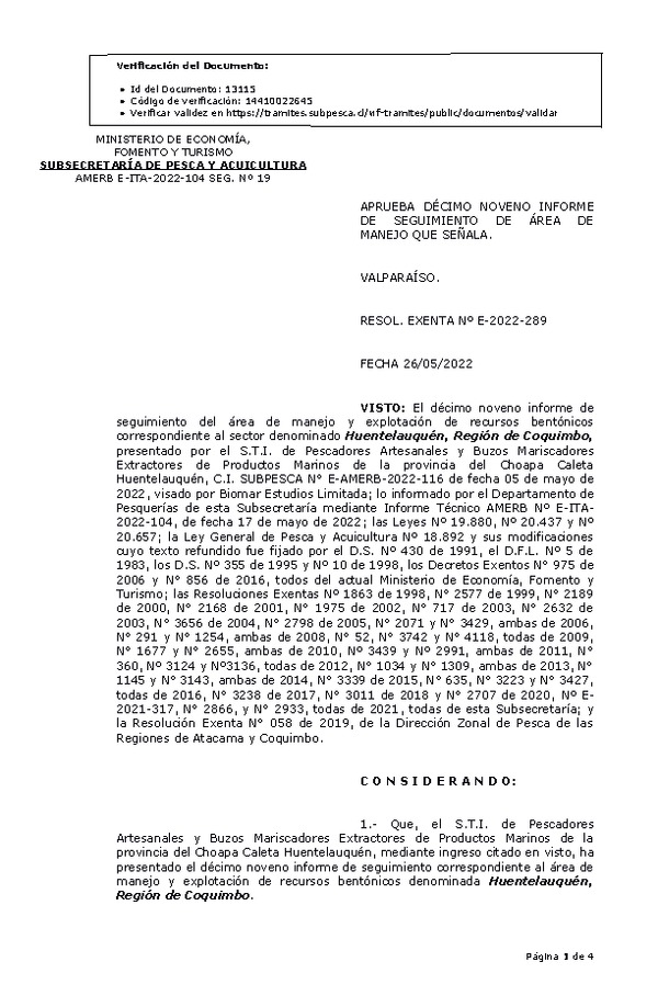 RESOL. EXENTA Nº E-2022-289 Aprueba 19° Seguimiento. (Publicado en Página Web 26-05-2022)