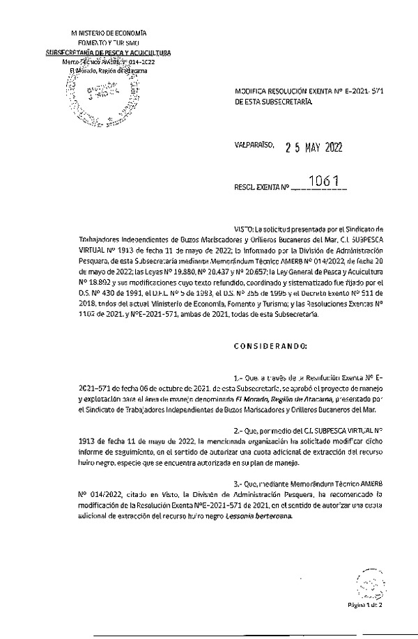 Res. Ex. N° 1061-2022 Modifica RESOL. EXENTA Nº E-2021-571 Aprueba Plan de Manejo. (Publicado en Página Web 26-05-2022)