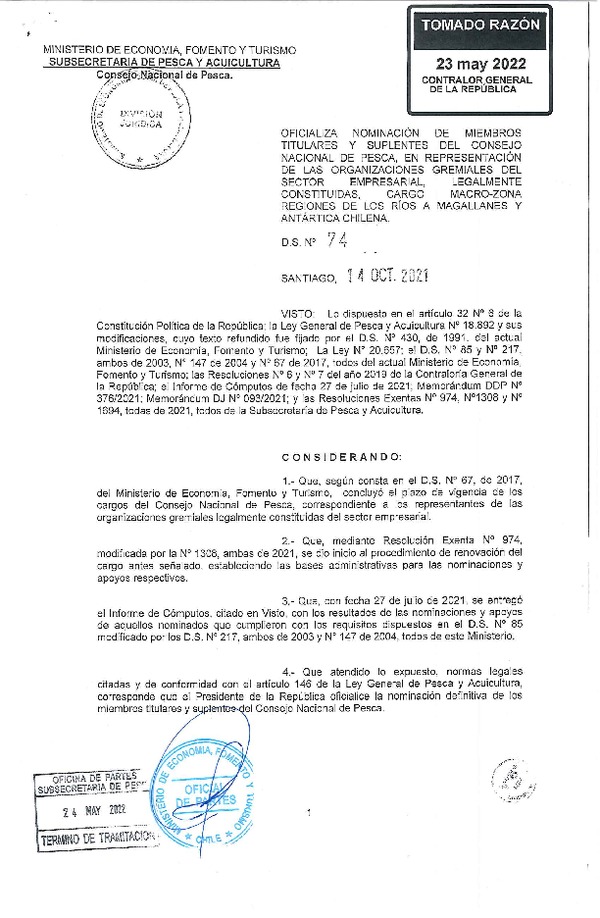 D.S. 74-2022 Oficializa Nominación de Miembro Titulares y Suplentes del Consejo Nacional de Pesca, en Representación del Sector Empresarial, Legalmente Constituidas, Cargo Macro-Zona Regiones de Los Ríos a Magallanes y Atártica Chilena. (Publicado en Página Web 27-05-2022) (F.D.O. 27-05-2022)