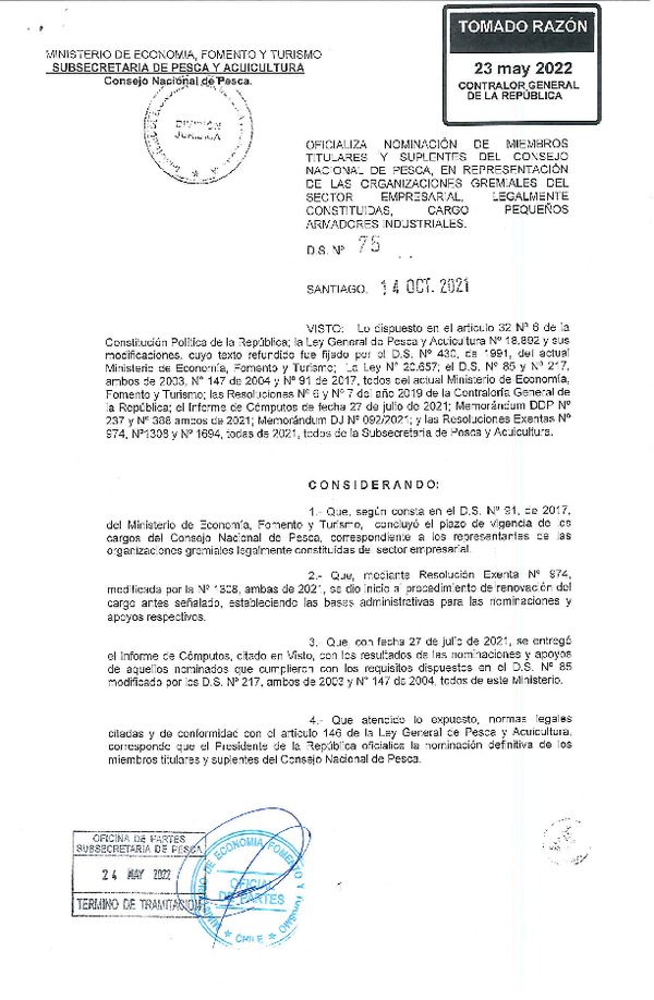 D.S. 75-2022 Oficializa Nominación de Miembros Titulares y Suplentes del Consejo Nacional de Pesca en Representación de las Organizaciones Gremiales Legalmente Constituidas del Sector Empresarial. (Publicado en Página Web 27-05-2022) (F.D.O. 27-05-2022)