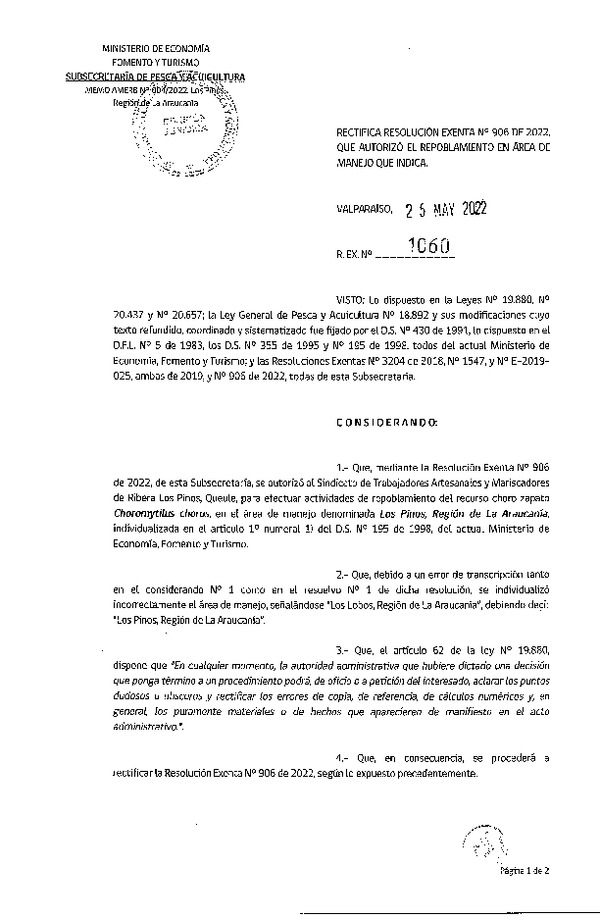 Res. Ex. N° 1060-2022 Rectifica Res. Ex. N° 906-2022 que autorizó repoblamiento. (Publicado en Página Web 27-05-2022)