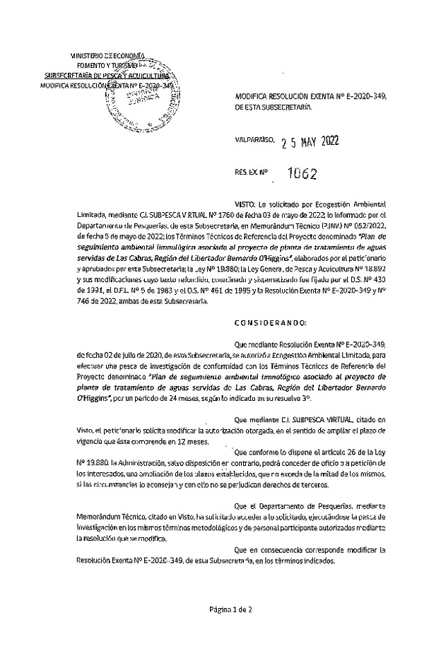 Res. Ex. N° 1062-2022 Modifica Res. Ex. N° E-2020-349. (Publicado en Página Web 27-05-2022)