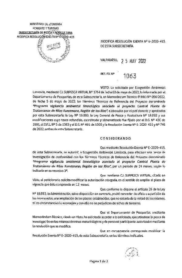 Res. Ex. N° 1063-2022 Modifica Res. Ex. N° E-2020-415. (Publicado en Página Web 27-05-2022)