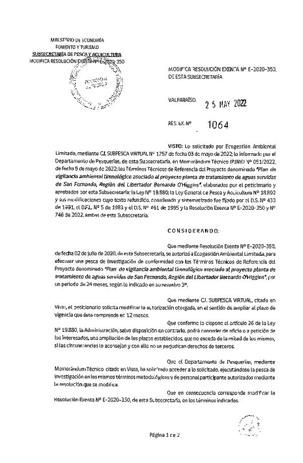 Res. Ex. N° 1064-2022 Modifica Res. Ex. N° E-2020-350. (Publicado en Página Web 27-05-2022)