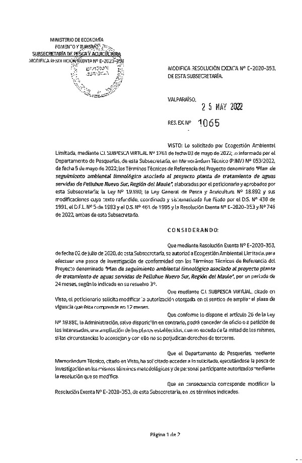 Res. Ex. N° 1065-2022 Modifica Res. Ex. N° E-2020-353. (Publicado en Página Web 27-05-2022)