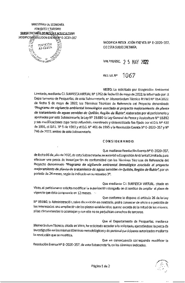 Res. Ex. N° 1067-2022 Modifica Res. Ex. N° E-2020-357. (Publicado en Página Web 27-05-2022)