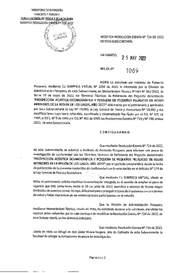 Res. Ex. N° 1069-2022 Modifica Res. Ex. N° 724-2022. (Publicado en Página Web 27-05-2022)