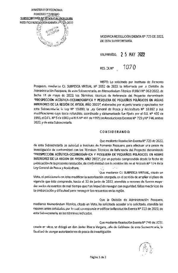 Res. Ex. N° 1070-2022 Modifica Res. Ex. N° 723-2022. (Publicado en Página Web 27-05-2022)