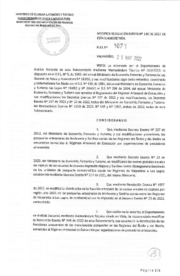 Res. Ex. N° 1071-2022 Modifica Res. Ex. N° 0148-2022 Distribución de la fracción artesanal de Pesquería de Anchoveta y Sardina Común en las regiones del Ñuble y del Biobío, Año 2022. (Publicado en Página Web 27-05-2022)
