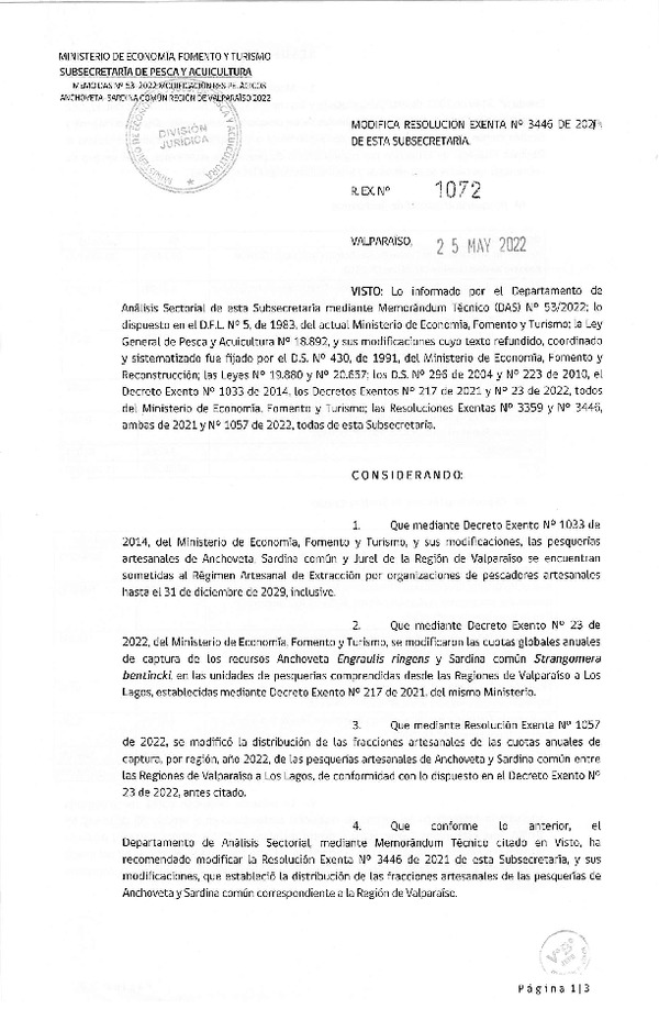 Res. Ex. N° 1072-2022 Modifica Res. Ex. N° 3446-2021 Distribución de la fracción artesanal de pesquerías de Anchoveta, Sardina Común y Jurel en la Región de Valparaíso, año 2022. (Publicado en Página Web 27-05-2022)