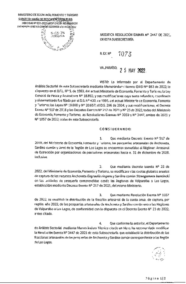 Res. Ex. N° 1073-2022 Modifica Res. Ex. N° 3447-2021 Distribución de la Fracción Artesanal de Pesquería de Anchoveta, Sardina común y Jurel, Región de Los Lagos, año 2022. (Publicado en Página Web 27-05-2022)